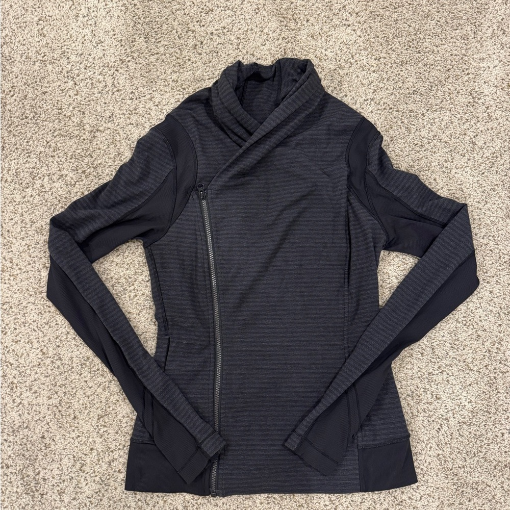 EEUC Lululemon Bhakti Yoga Jacket Black Grey Pique Stripe sz 6